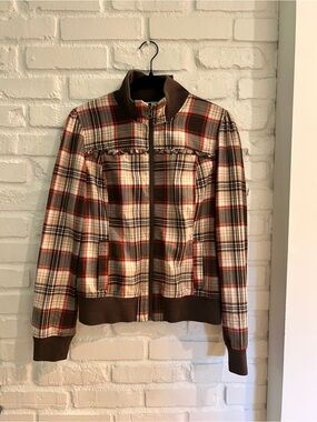Rubbish Brown Plaid Zip Jacket with Red Accents